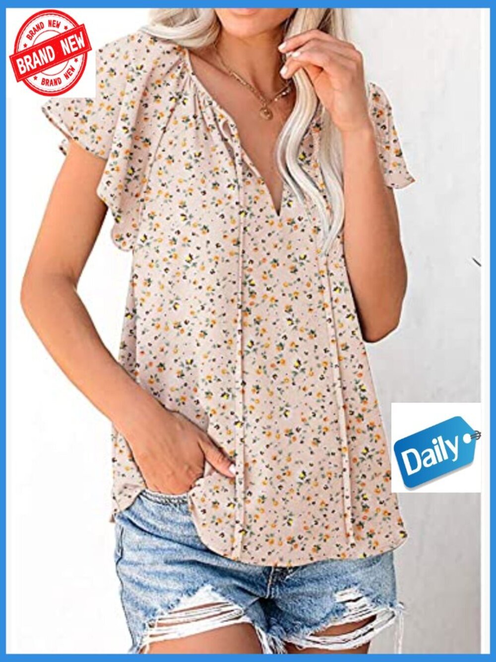 Women's Boho Floral V-Neck Short Sleeve Blouse, Lightweight Polyester Summer Top - Picture 3 of 7